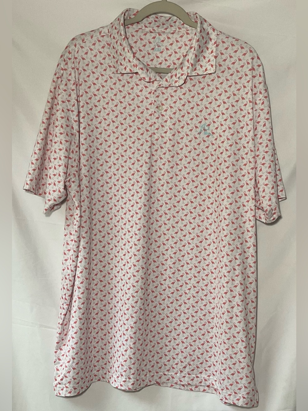 Rhoback White Polo with Pink Flamingo Microprint XXL